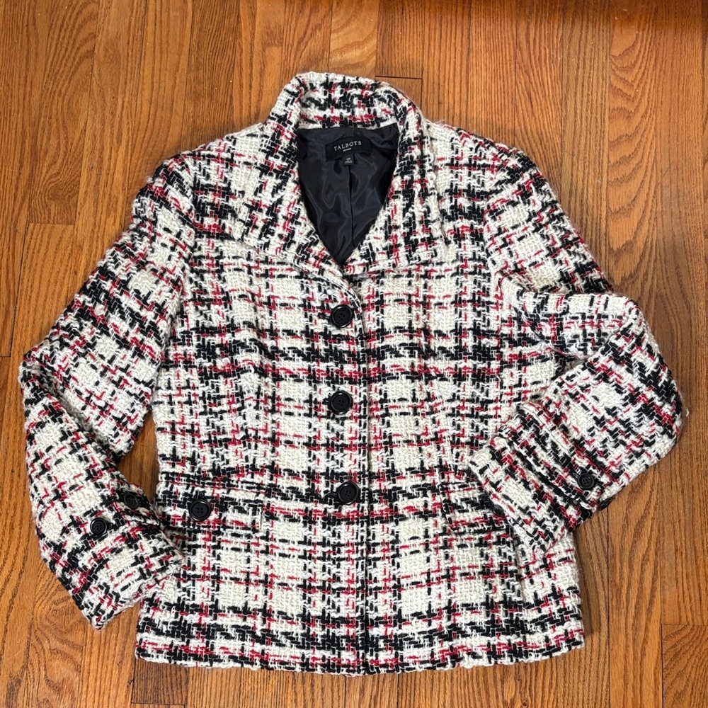 Talbots Petites Wool Blend Tweed Plaid Blazer Jacket Cream Black Red 12P VN1953‎